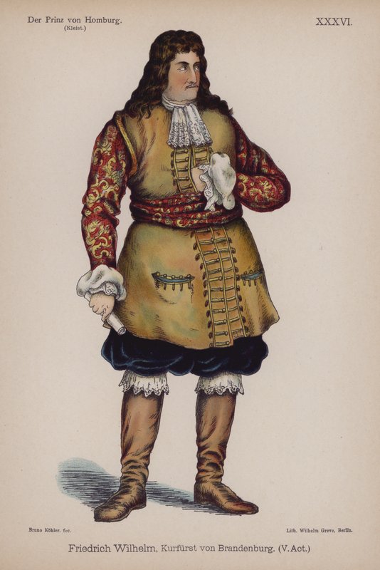 勃兰登堡公爵弗里德里希·威廉 (Friedrich Wilhelm)，出自 Der Prinz von Homburg（洪堡王子），海因里希·冯·克莱斯特 (Heinrich von Kleist)（彩色石版画） 作者 德国学校