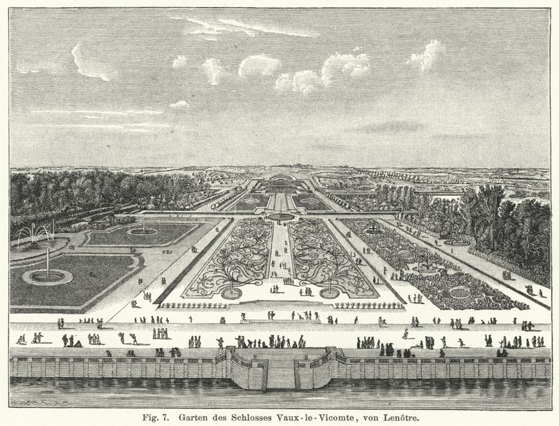 花园设计：法国美因西 Vaux-le-Vicomte 城堡的花园，由 Andre le Notre 在 17 世纪布置（雕刻） 作者 德国学校
