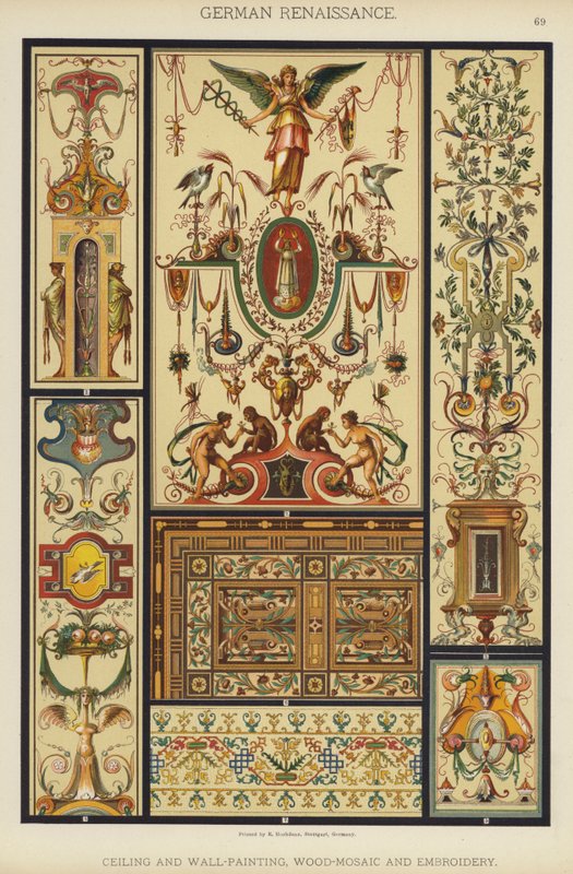 German Renaissance, Ceiling and Wall-Painting, Wood-Mosaic and Embroidery (colour litho) 作者 德国学校