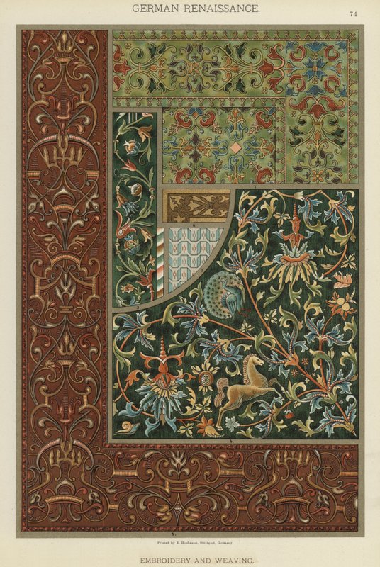 German Renaissance, Embroidery and Weaving (colour litho) 作者 德国学校