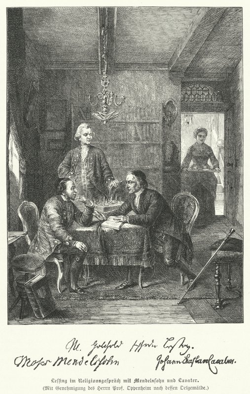 German philosopher and dramatist discussing religion with Moses Mendelssohn and Johann Kaspar Lavater (engraving) 作者 德国学校