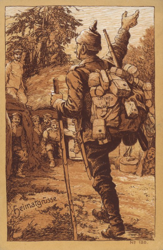 携带邮件的德国士兵在返回部队时受到热烈欢迎（石版画） 作者 德国学校