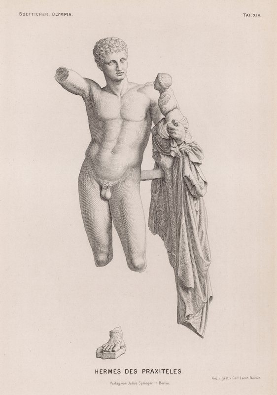 Hermes and the Infant Dionysus, sculpture attributed to Praxiteles excavated at Olympia, Greece (engraving) 作者 德国学校