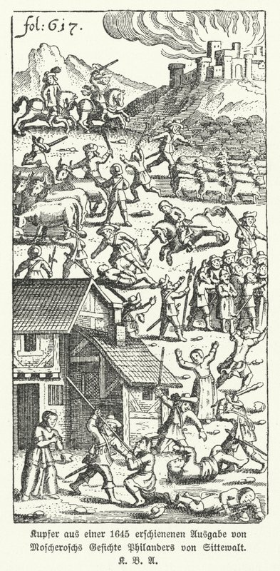 1645 年版德国作家约翰·迈克尔·莫斯赫罗施的讽刺作品 Wunderliche und Wahrhrachtige Gesichte Philanders von Sittewald（Philander von Sittewald 的奇妙而真实的愿景）中的插图（石版画） 作者 德国学校