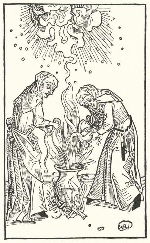 Illustration from a treatise by Ulrich Molitor about diviner women and witchcraft (engraving) 作者 德国学校