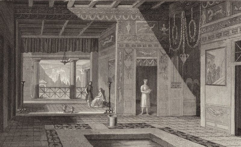 Interior of a Roman house in Pompeii. Illustration for Bilder-Atlas (engraving) 作者 德国学校