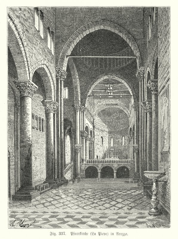Santa Maria della Pieve 教堂的内部，意大利阿雷佐（雕刻） 作者 德国学校