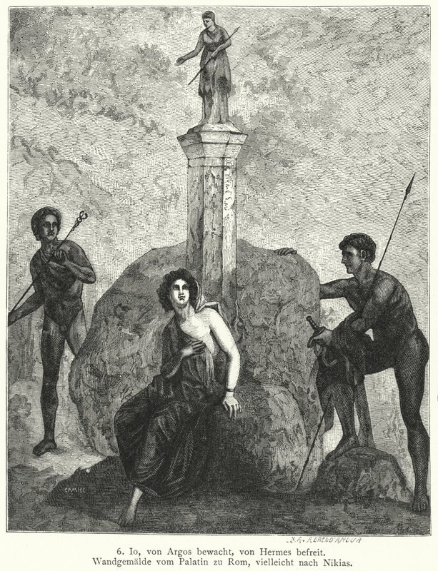 Io, guarded by Argus Panoptes by order of the goddess Hera, being watched by Hermes, sent by Zeus to abduct her, Roman wall painting (engraving) 作者 德国学校