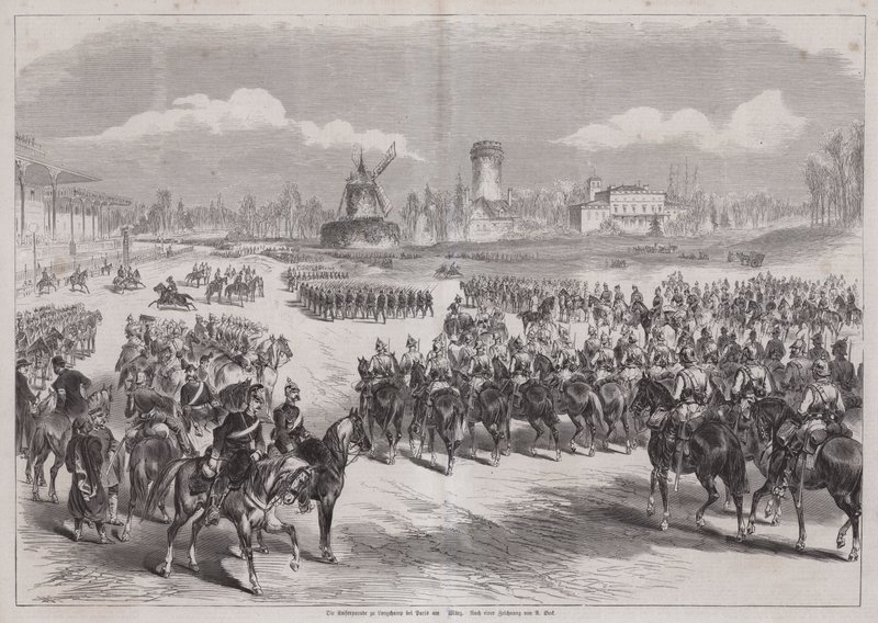 1871 年 3 月，德国皇帝威廉一世在法国巴黎隆尚观看阅兵（版画） 作者 德国学校