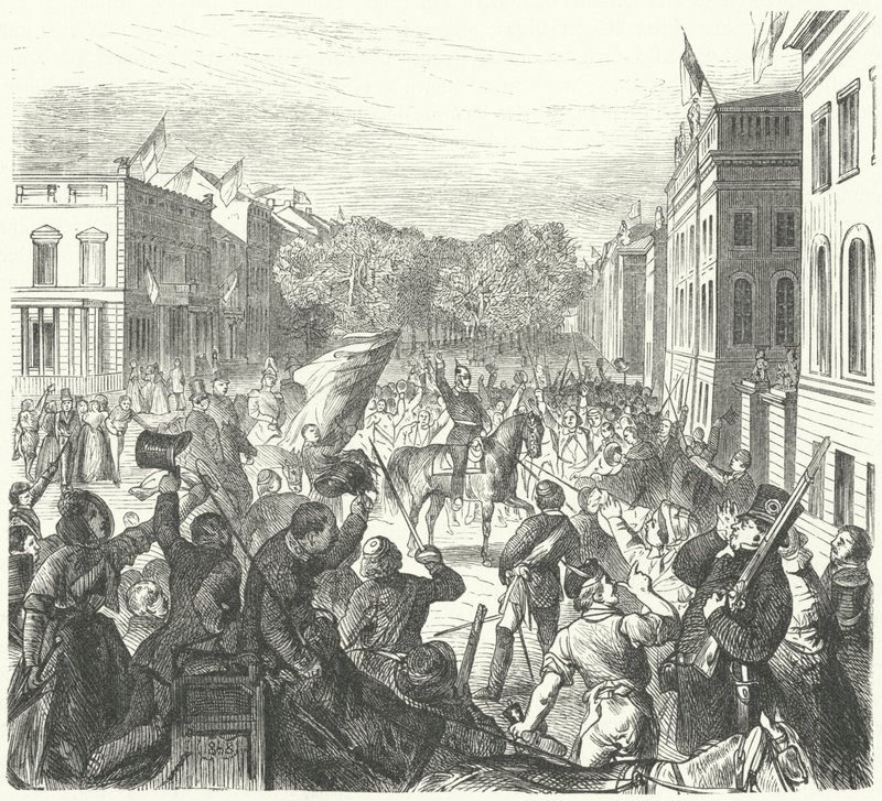1848 年 3 月 21 日，普鲁士国王弗雷德里克·威廉四世骑马经过柏林大学，前往参加为骚乱中丧生的平民举行的集体葬礼（版画） 作者 德国学校