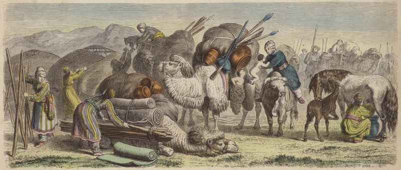 吉尔吉斯游牧民族在西伯利亚南部建立营地（彩色版画） 作者 德国学校