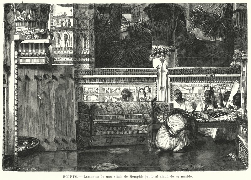 古埃及孟菲斯一个寡妇在其丈夫的棺材旁发出的哀叹（石版画）。 作者 德国学校