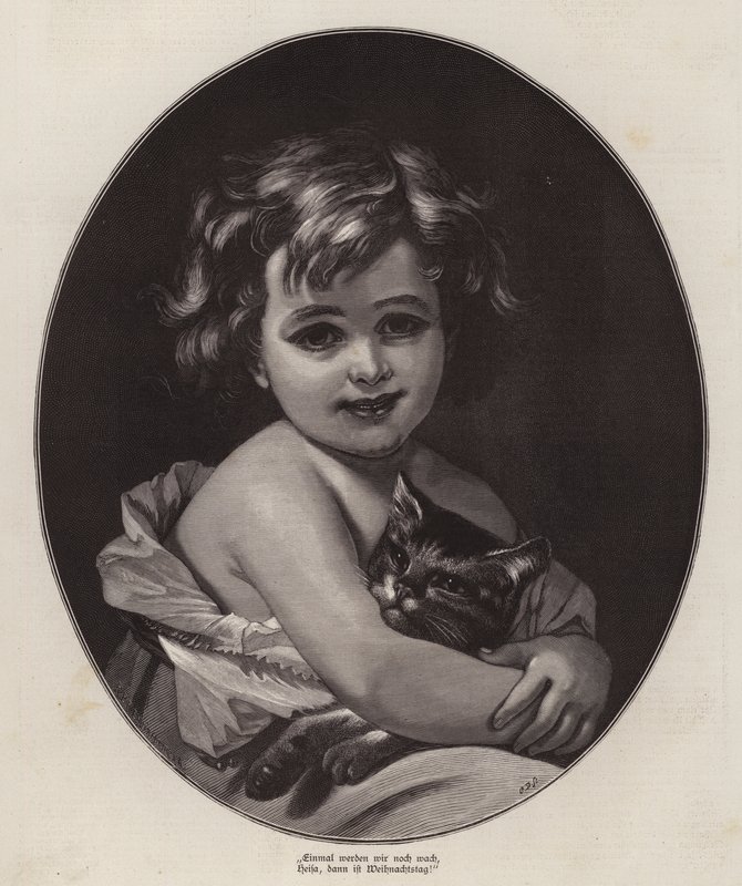Little girl looking forward to Christmas with her pet cat (engraving) 作者 德国学校