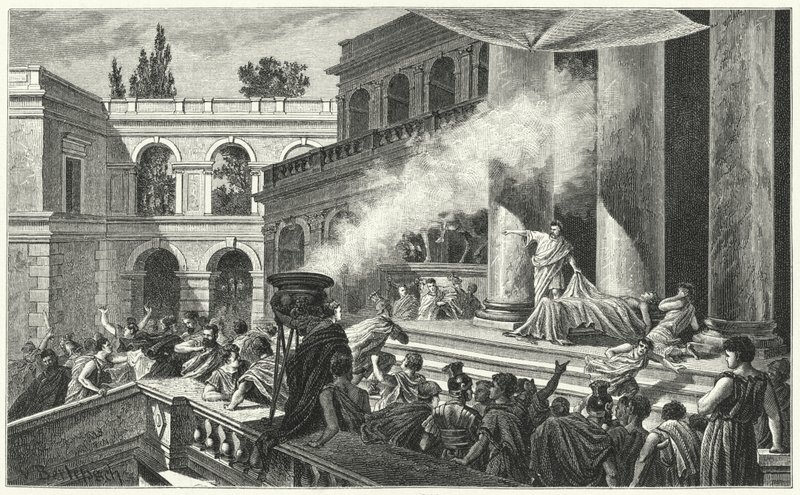 公元前 44 年，马克·安东尼在凯撒大帝葬礼上的演讲引发了一场骚乱（版画） 作者 德国学校