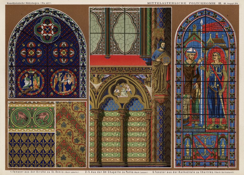 Medieval French stained glass windows: Church of St Denis, Paris; Sainte Chapelle, Paris; Chartres Cathedral (colour litho) 作者 德国学校