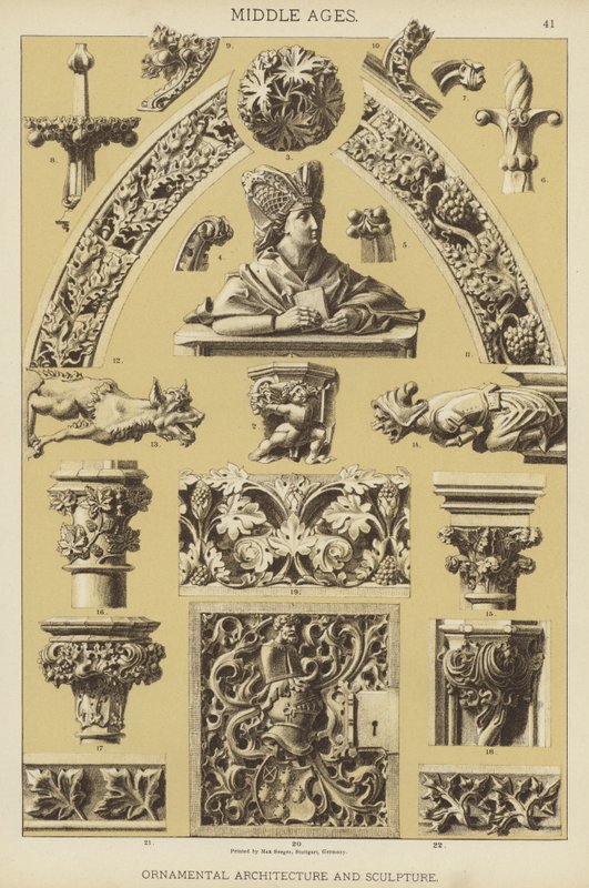 中世纪，装饰建筑和雕塑（彩色石版画） 作者 德国学校