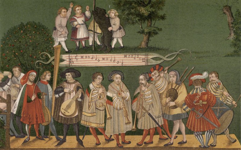 来自德国奥格斯堡的音乐家，为Geschlechtertanz的舞者演奏，1520年 作者 德国学校