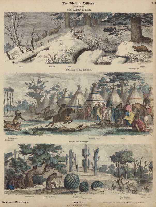 North America: winter landscape in Canada; Native Americans racing; Colorado (coloured engraving) 作者 德国学校