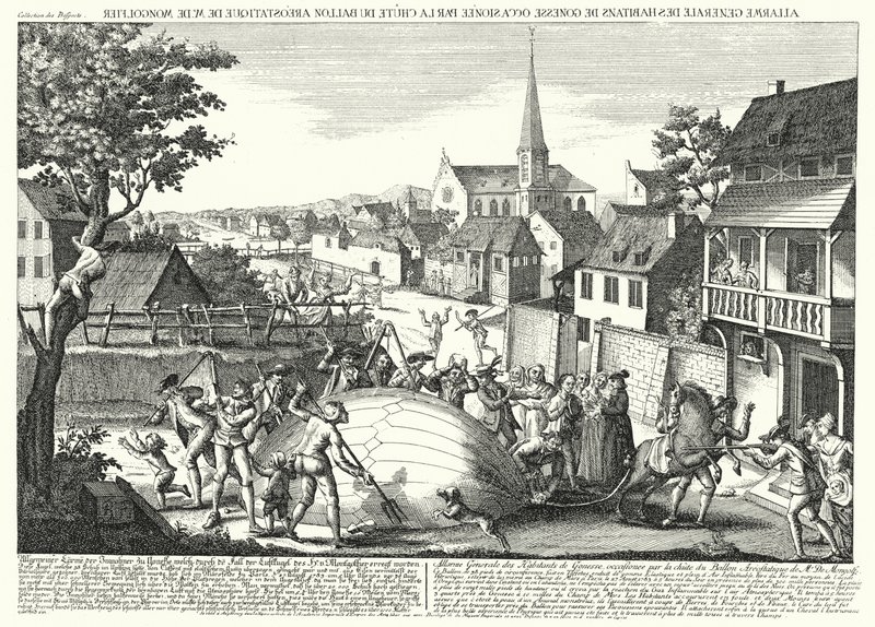 1783 年 8 月 27 日，农民们在 Jacques Charles 和 Robert Brothers 的气球降落在 Gonesse 后攻击它（雕刻） 作者 德国学校