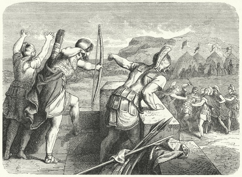 Philip II of Macedon wounded in the eye at the Siege of Methone, 355 BC (engraving) 作者 德国学校
