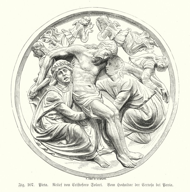 圣母怜子图，Cristoforo Solari 在意大利 Certosa di Pavia 的高坛上的浮雕（雕刻） 作者 德国学校