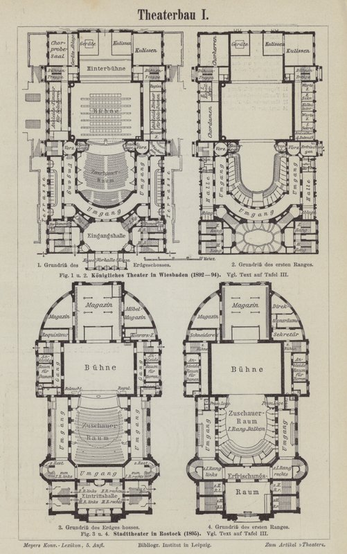Plans of the Royal Theatre, Wiesbaden and the Municipal Theatre, Rostock, Germany (engraving) 作者 德国学校