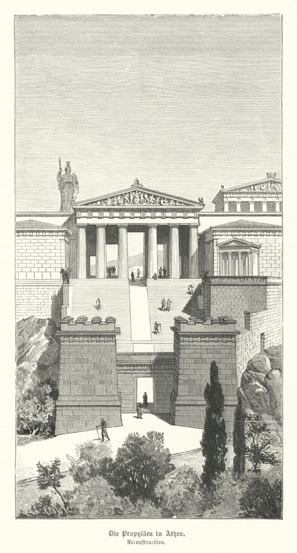 古希腊雅典卫城入口处的Propylaea（雕版画）。 作者 德国学校