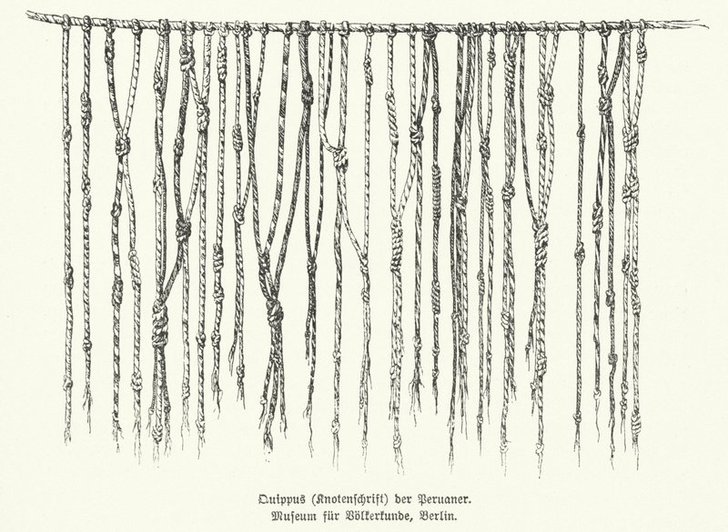 Quipu, means of recording information using knotted strings used by peoples of the Andes in South America (litho) 作者 德国学校