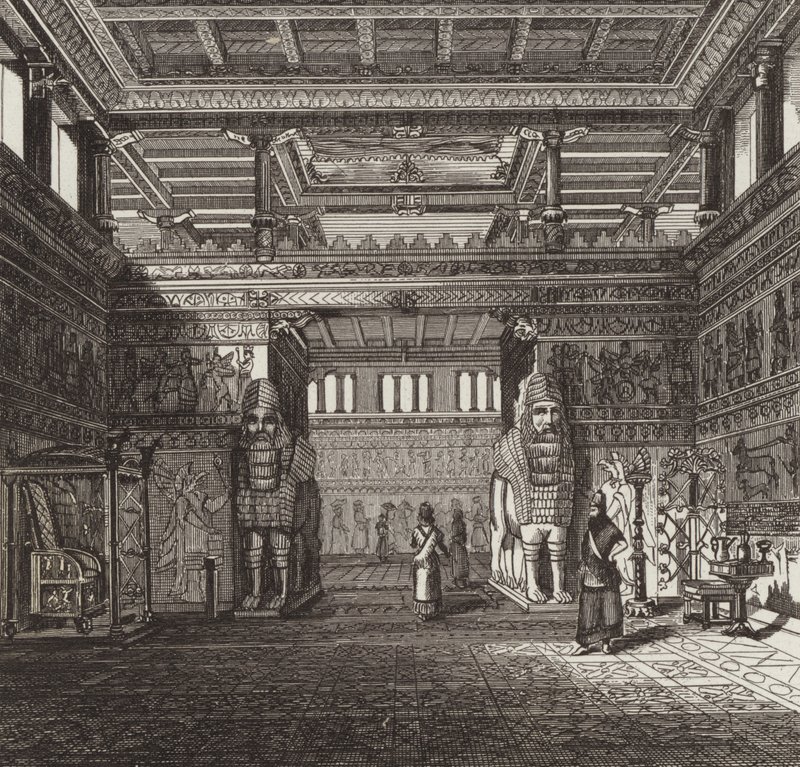Reconstruction of the hall of an Assyrian king. Illustration for Bilder-Atlas (engraving) 作者 德国学校