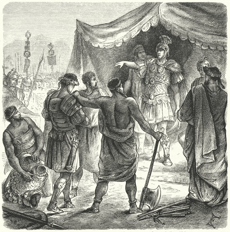 Roman consul Titus Manlius Torquatus condemning his son to death for leaving his post in battle (engraving) 作者 德国学校