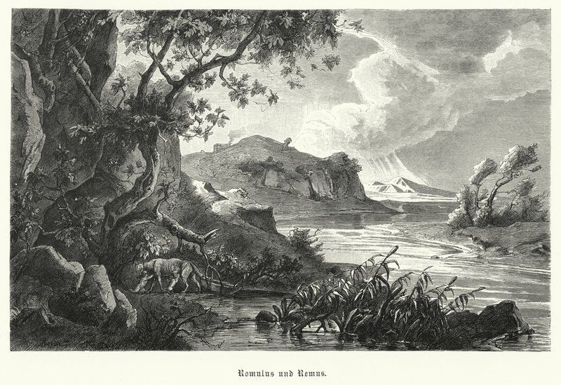 Romulus and Remus, legendary founders of ancient Rome, being suckled by the she-wolf in the wilderness (engraving) 作者 德国学校