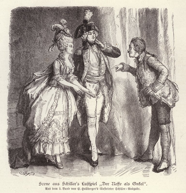 弗里德里希·席勒 (Friedrich Schiller) 的喜剧 Der Neffe als Onkel (The Nephew as Uncle) 中的场景（版画） 作者 德国学校