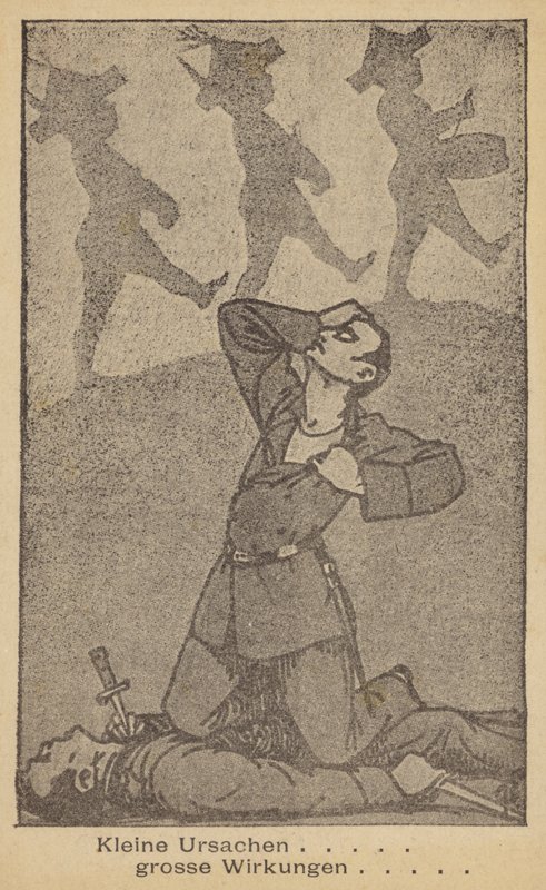 小原因大影响。德国反战插图，由国际妇女争取和平与自由联盟（WILPF）发行，1920 年代末（平版）。 作者 德国学校