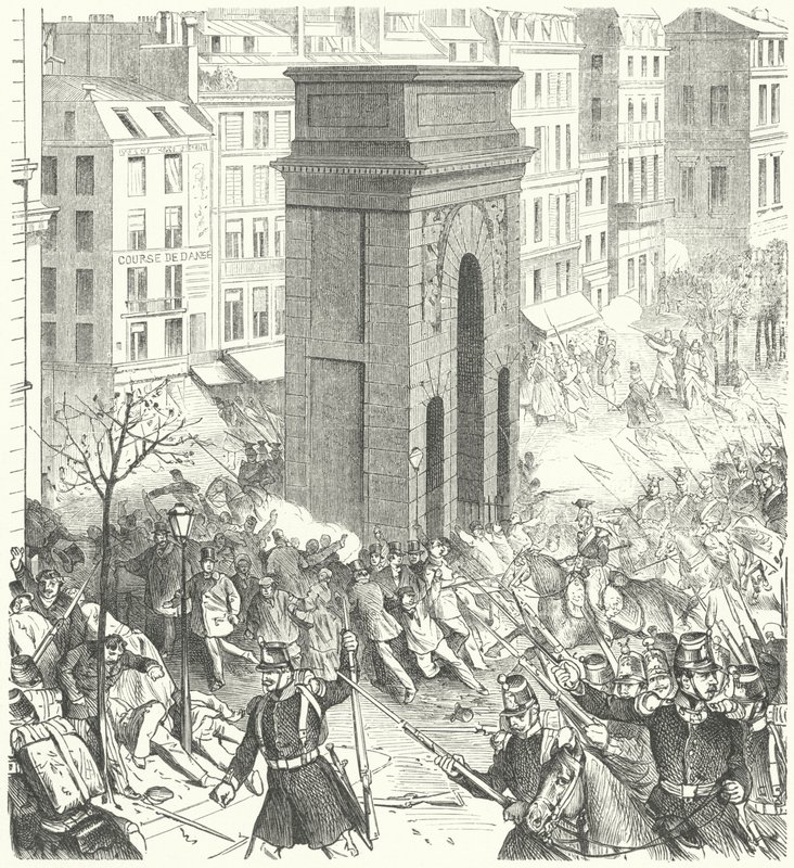 1851 年 12 月法国政变期间巴黎街头的士兵（版画） 作者 德国学校