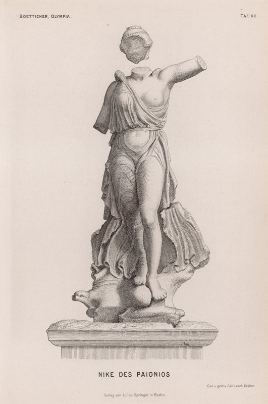 Statue of Nike, Ancient Greek goddess of victory, by Paionios, excavated at Olympia, Greece (engraving) 作者 德国学校