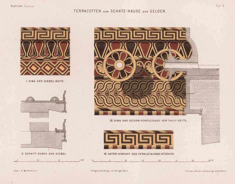 Terracotta decorations from the Treasury of Gela, Olympia, Greece (colour litho) 作者 德国学校