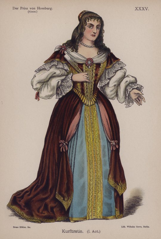 勃兰登堡公爵夫人，来自 Der Prinz von Homburg（洪堡王子），Heinrich von Kleist（彩色石版画） 作者 德国学校
