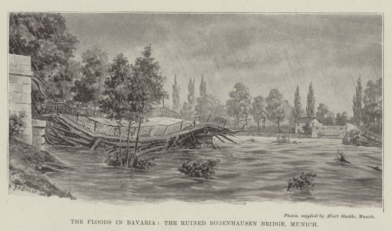 The Floods in Bavaria, the Ruined Bogenhausen Bridge, Munich (litho) 作者 德国学校