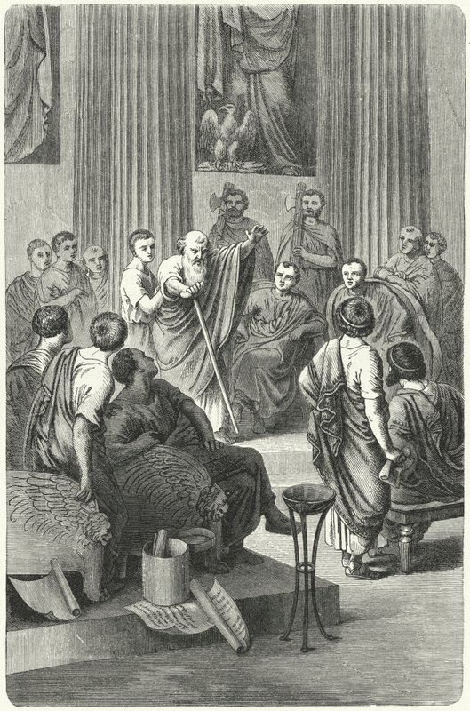 公元前 279 年，盲人阿皮乌斯·克劳狄乌斯·凯库斯 (Appius Claudius Caecus) 在罗马元老院反对伊庇里斯的皮洛士 (Pyrrhus) 大使西尼亚斯 (Cineas) 的讲话（雕刻） 作者 德国学校