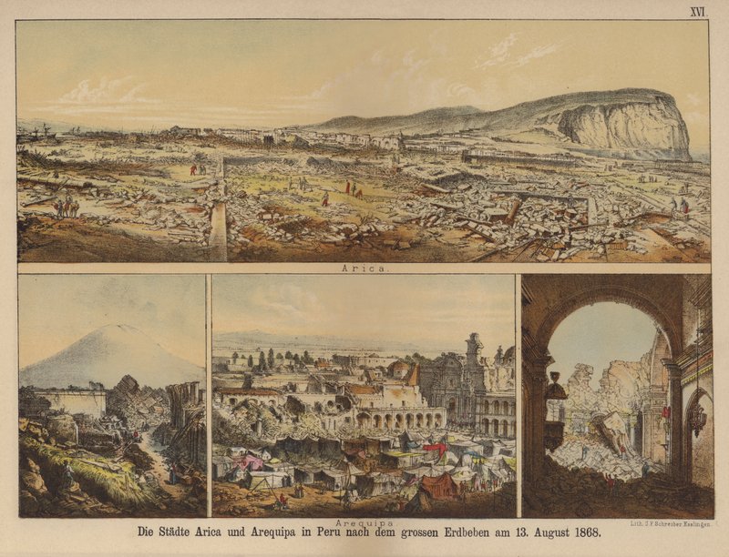The cities of Arica and Arequipa in Peru after the great earthquake of 13 August 1868 (colour litho) 作者 德国学校