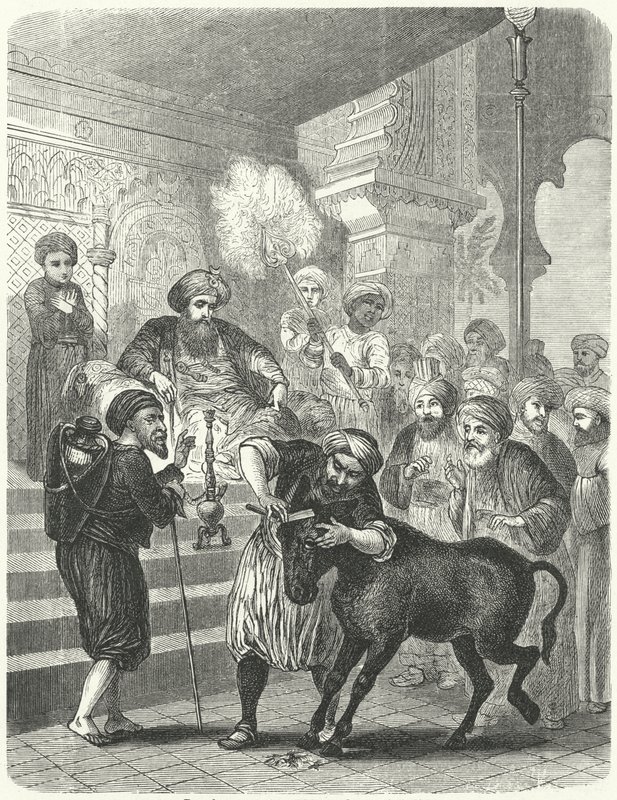 哈里发哈伦·拉希德 (Harun al-Rashid) 前的农民和他的屁股 (版画) 作者 德国学校