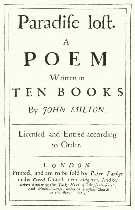 英国诗人约翰·米尔顿 (John Milton) 于 1667 年出版的《失乐园》原版标题页（版画） 作者 德国学校