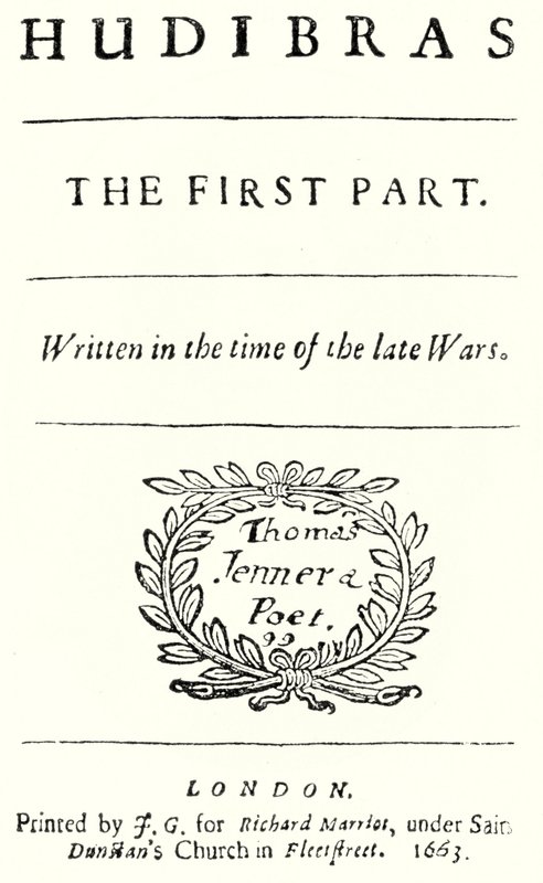 英国诗人塞缪尔·巴特勒 (Samuel Butler) 的讽刺诗 Hudibras 的扉页，出版于 1663 年（版画） 作者 德国学校