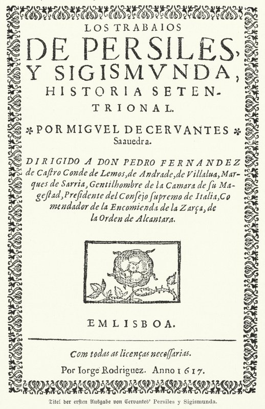 西班牙小说家米格尔·德·塞万提斯 (Miguel de Cervantes) 的《Los trabajos de Persiles y Sigismunda》第一版的扉页 (The Works of Persiles and Sigismunda) 作者 德国学校