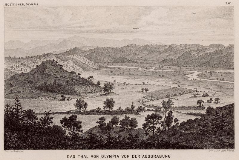 Valley of Olympia, Greece, before archaeological excavations (engraving) 作者 德国学校