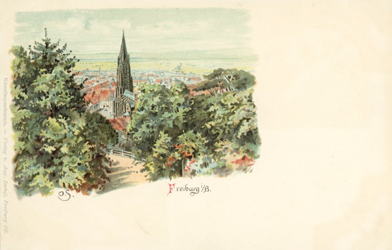 德国弗莱堡市及其大教堂 (chromolitho) 的景观 作者 德国学校