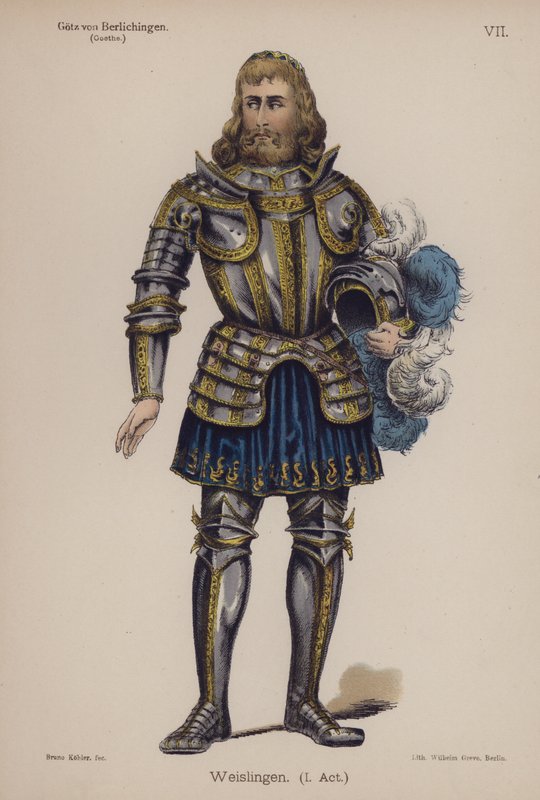 Weislingen，来自歌德的Gotz von Berlichingen（彩色平版印刷）。 作者 德国学校
