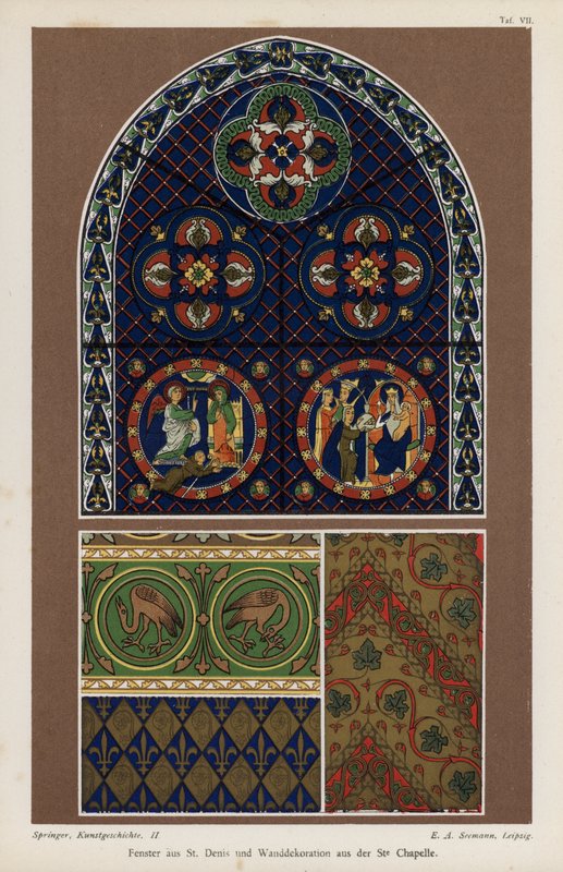Window from the Basilica of St Denis and wall decoration from the Sainte-Chapelle, Paris, France (colour litho) 作者 德国学校