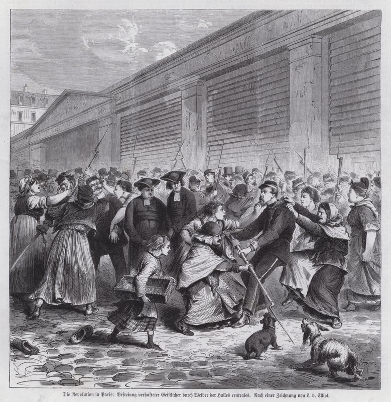 Les Halles 市场的妇女将神职人员从囚禁中解放出来，巴黎公社 作者 德国学校