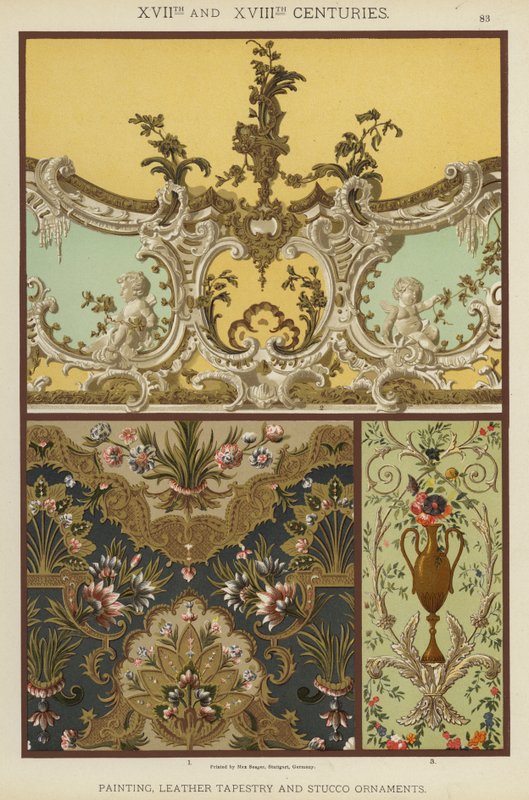 第十七和第十八世纪，绘画、皮革挂毯和壁画装饰品（彩色平版印刷）。 作者 德国学校